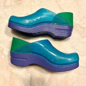 Dansko translucent purple, blue, green clogs